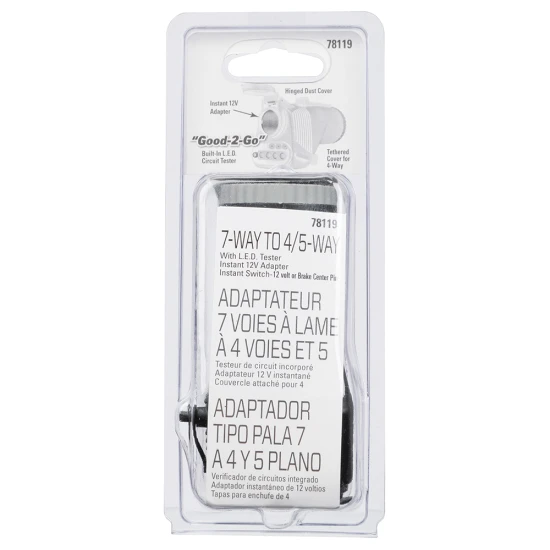 REESE Towpower towing adapter converting 7-way blade to 4 or 5-flat, featuring LED tester and 12V outlet