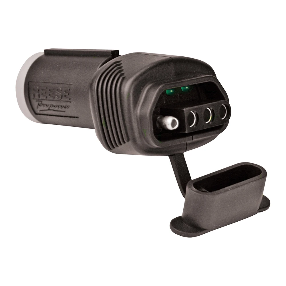 REESE Towpower towing adapter converting 6-Pin round to 4-Flat connector with LED circuit tester
