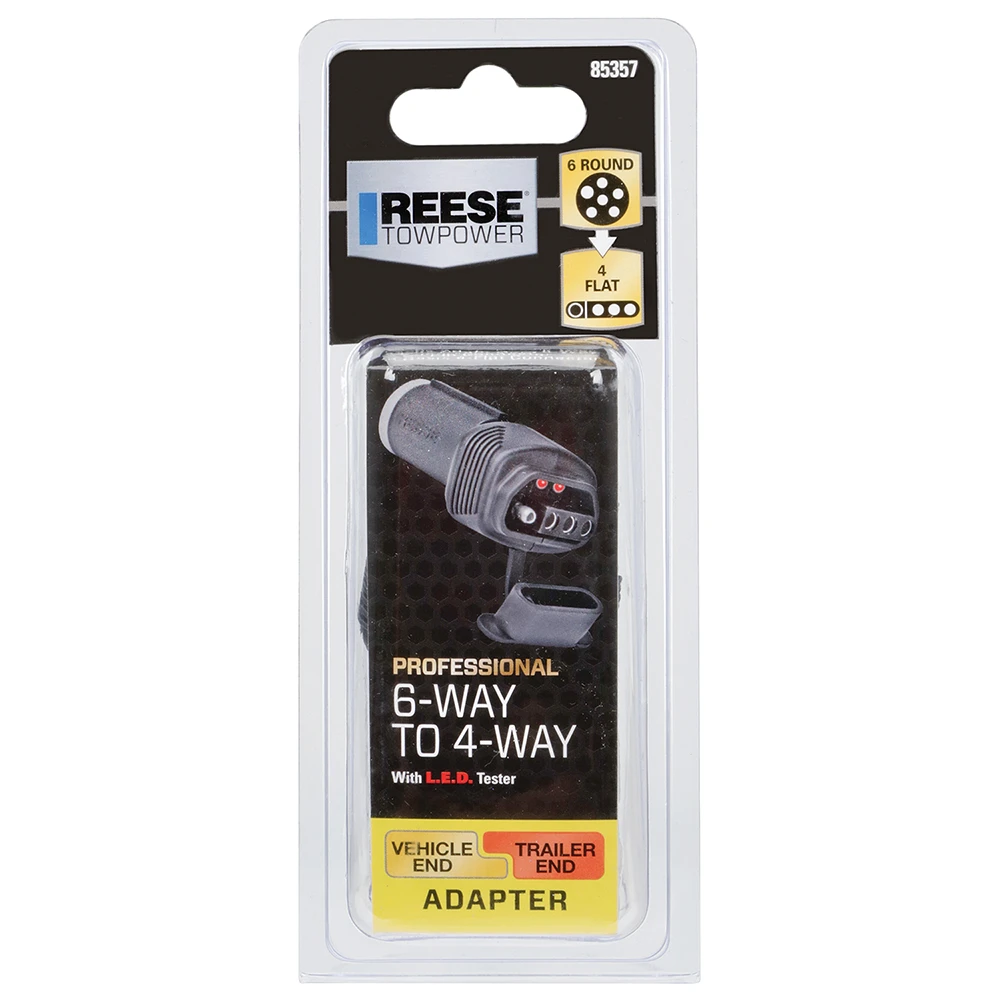 REESE Towpower towing adapter converting 6-Pin round to 4-Flat connector with LED circuit tester