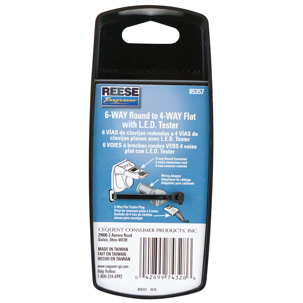 REESE Towpower towing adapter converting 6-Pin round to 4-Flat connector with LED circuit tester