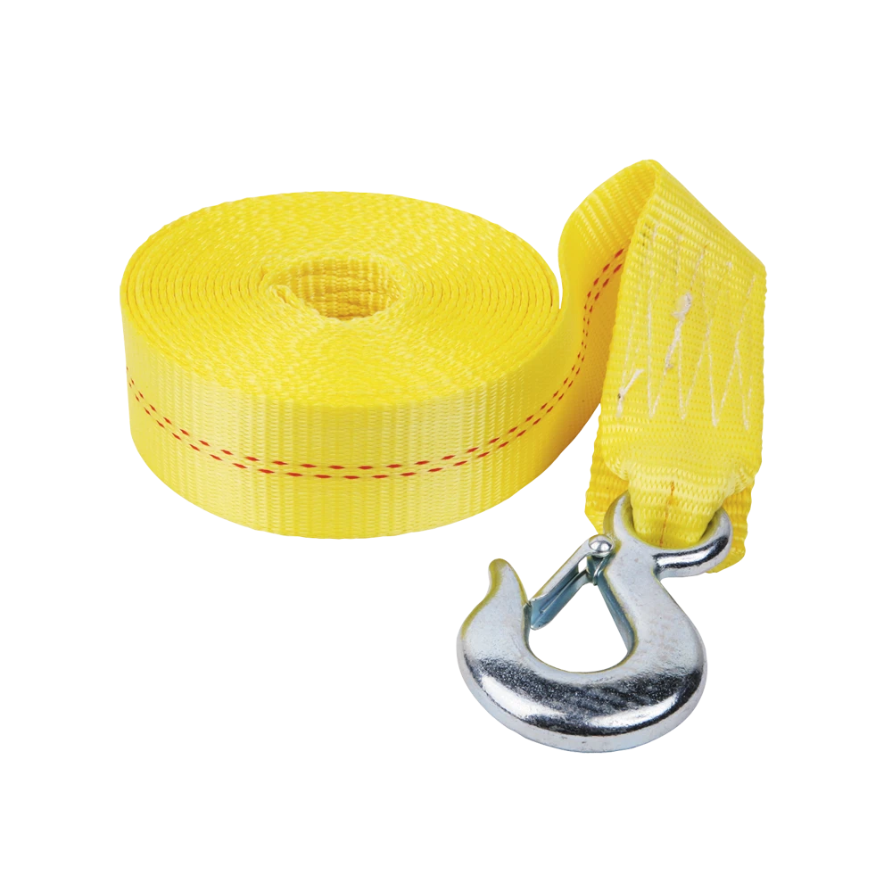 High-strength nylon winch strap with hook, 20 feet long, supports 4,000 lbs, compatible with Fulton hand winches.