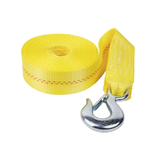 High-strength nylon winch strap with hook, 20 feet long, supports 4,000 lbs, compatible with Fulton hand winches.