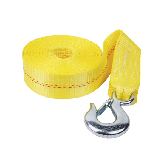 High-strength nylon winch strap with hook, 20 feet long, supports 4,000 lbs, compatible with Fulton hand winches.