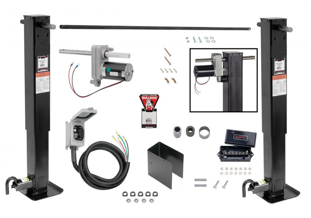 Bulldog Pro Series 2x 12K Jacks Dual Landing Gear & Electric Motor Kit w/ Cross Shaft Pipe Combo Drop Leg w/ non Spring Return Powered Drive- 26" Lift
