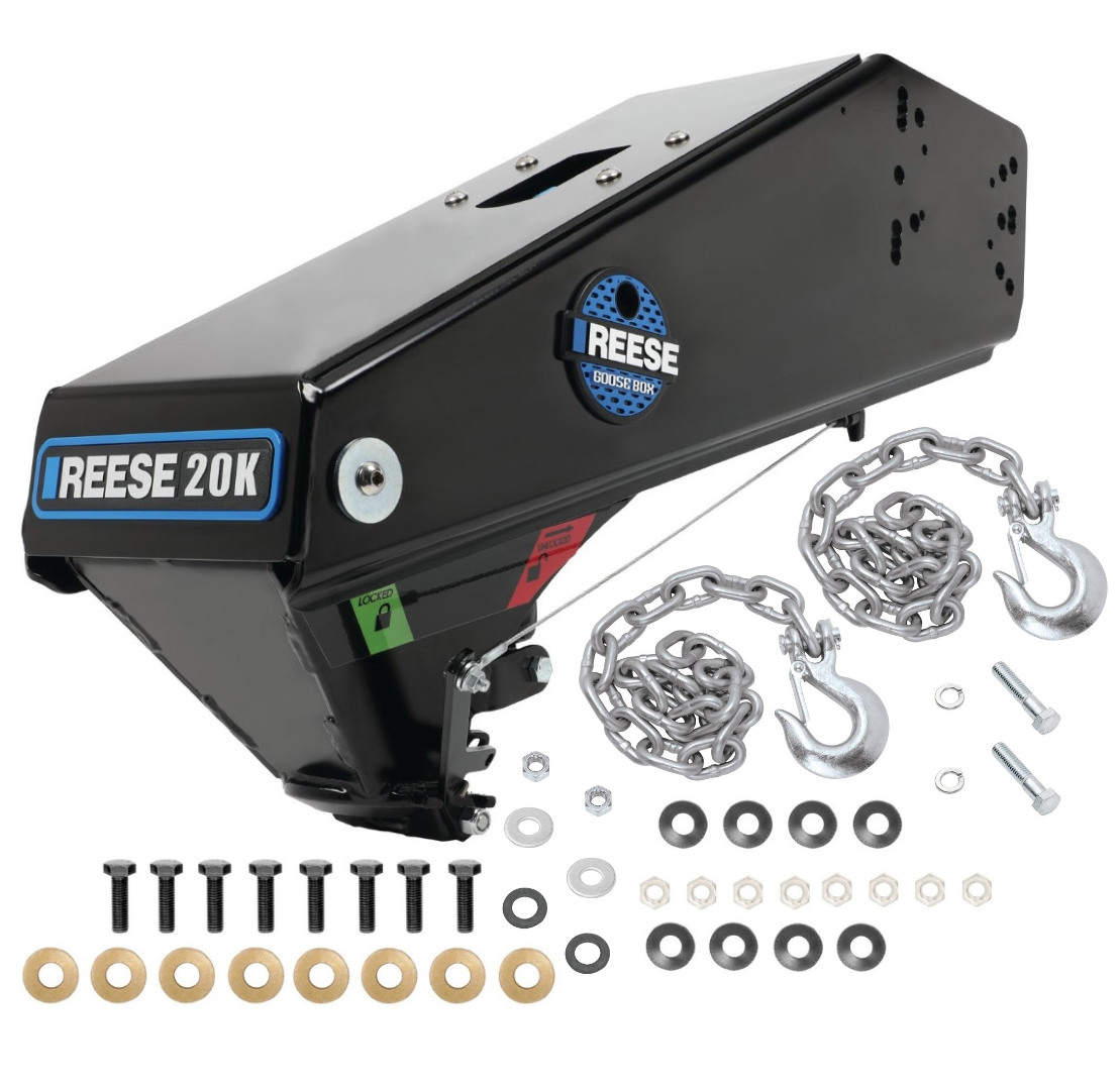 Reese Goose Box 20k w/ Safety Chains Gen 3 Easy Installation Replaces 94720 94622 For Short Long Bed Trucks Gooseneck Adapter for Lippert Fabex Rhino Keystone Jayco Forest River Grand Design + Other Fifth Wheels and Pin Boxes